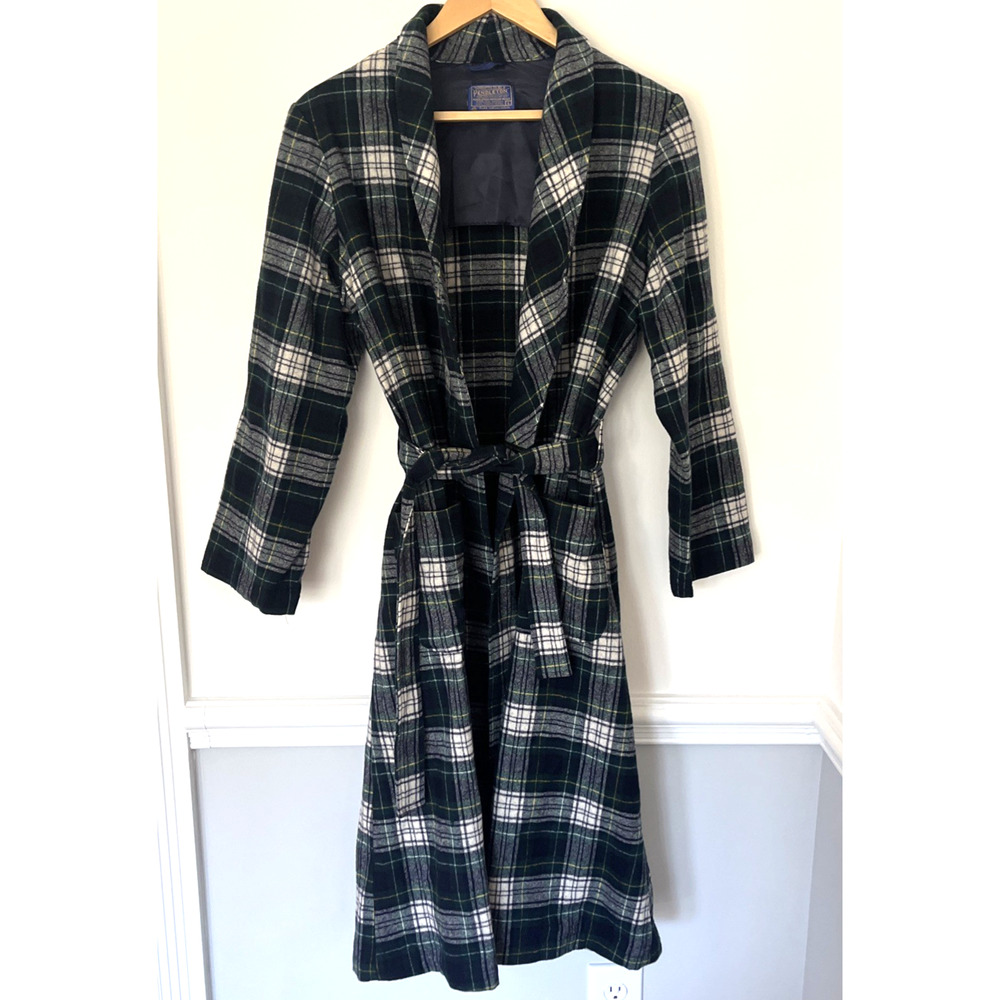 Vintage Pendleton Women's Wool Robe Campbell Tartan Green Large USA Made
